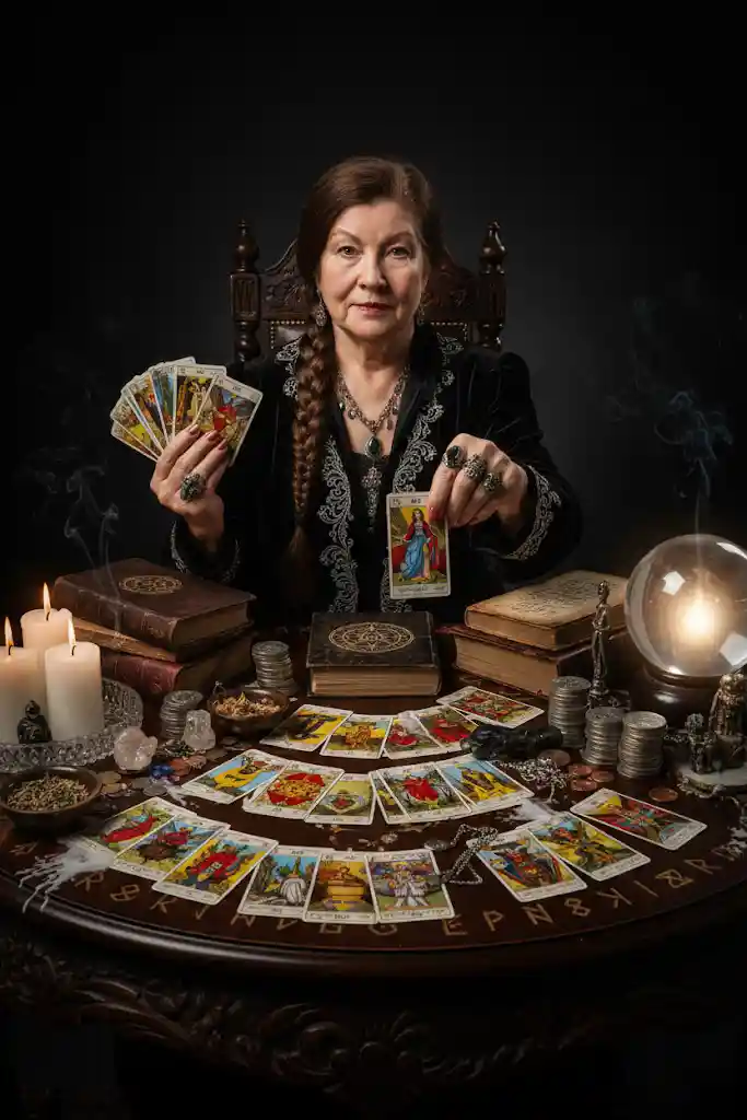 Обряд гадания на Таро — гадалка проводит эзотерический ритуал при свечах